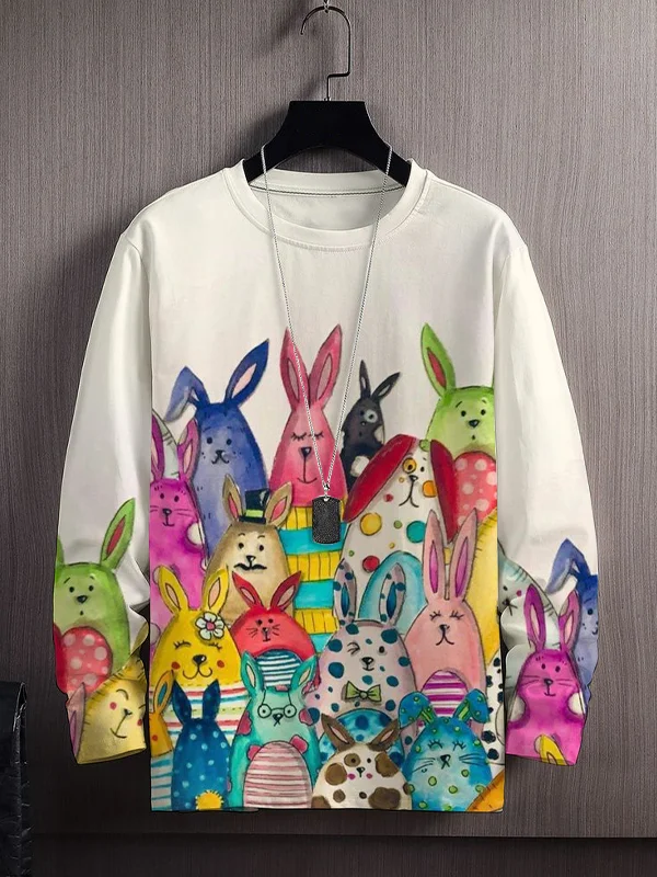 Men's Colorful Rabbit Easter Bunny Egg Cartoon Print Long Sleeve T-Shirt