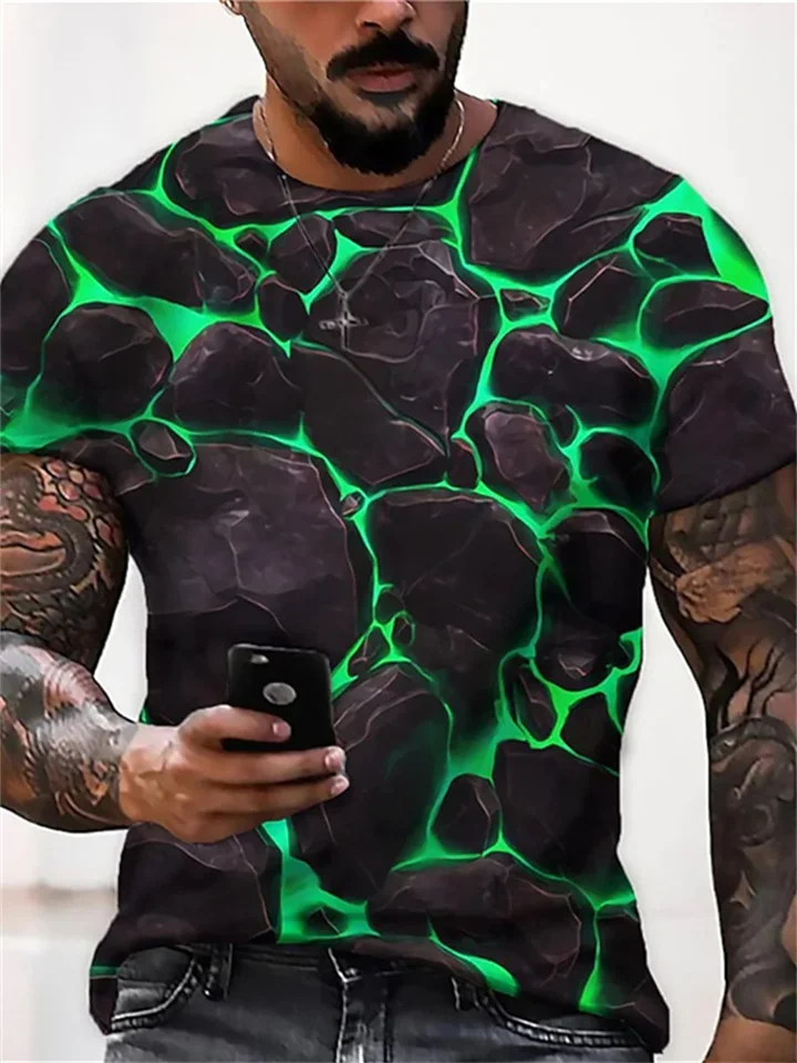 Casual Short Sleeve Men's T-Shirt Round Neck Cracked 3D Print Red Green Black Yellow Purple-JRSEE