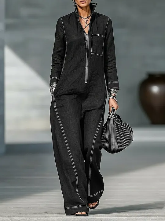 Women's Minimalist Long-Sleeve Jumpsuit With Zip-Up Stand Collar