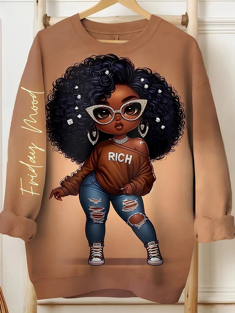 Women's Afro Girl Friday Mood Print Cozy Sweatshirt
