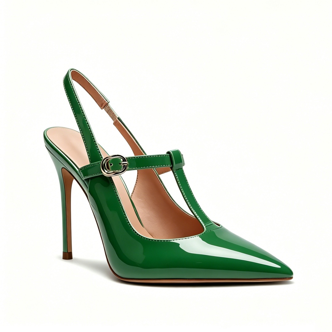 100mm Gloss Emerald T-Strap Slingback Sandal-MERUMOTE