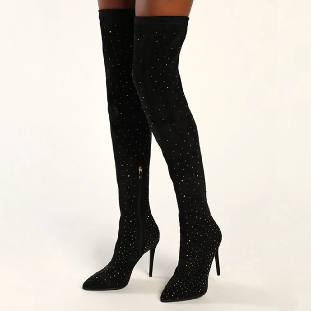Black Pointed Toe Boots Rhinestone Stiletto Heel Over The Knee Boots Nicepairs