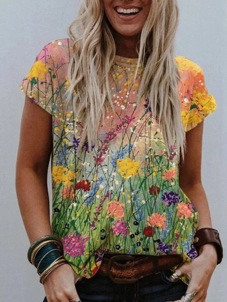 VChics Floral Art Painting Short Sleeve Comfy T-shirt