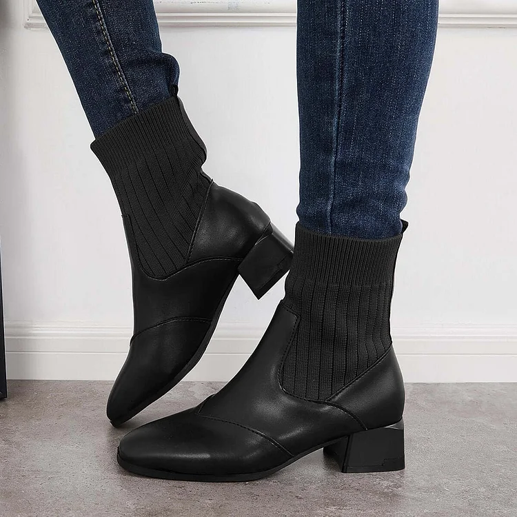 Square Toe Sock Booties Elastic Chunky Heel Ankle Boots Radinnoo.com