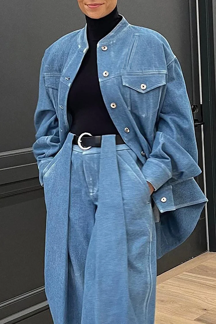 Plus Size Casual Outerwear Blue Stand Collar Regular Fit Plain Denim Jacket Outerwear