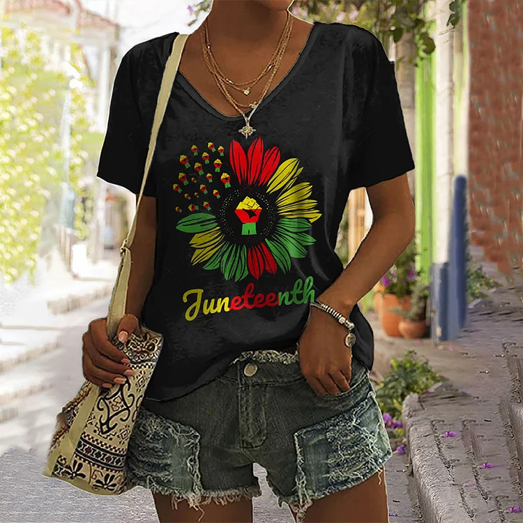 Juneteenth Print Casual V-Neck T-Shirt