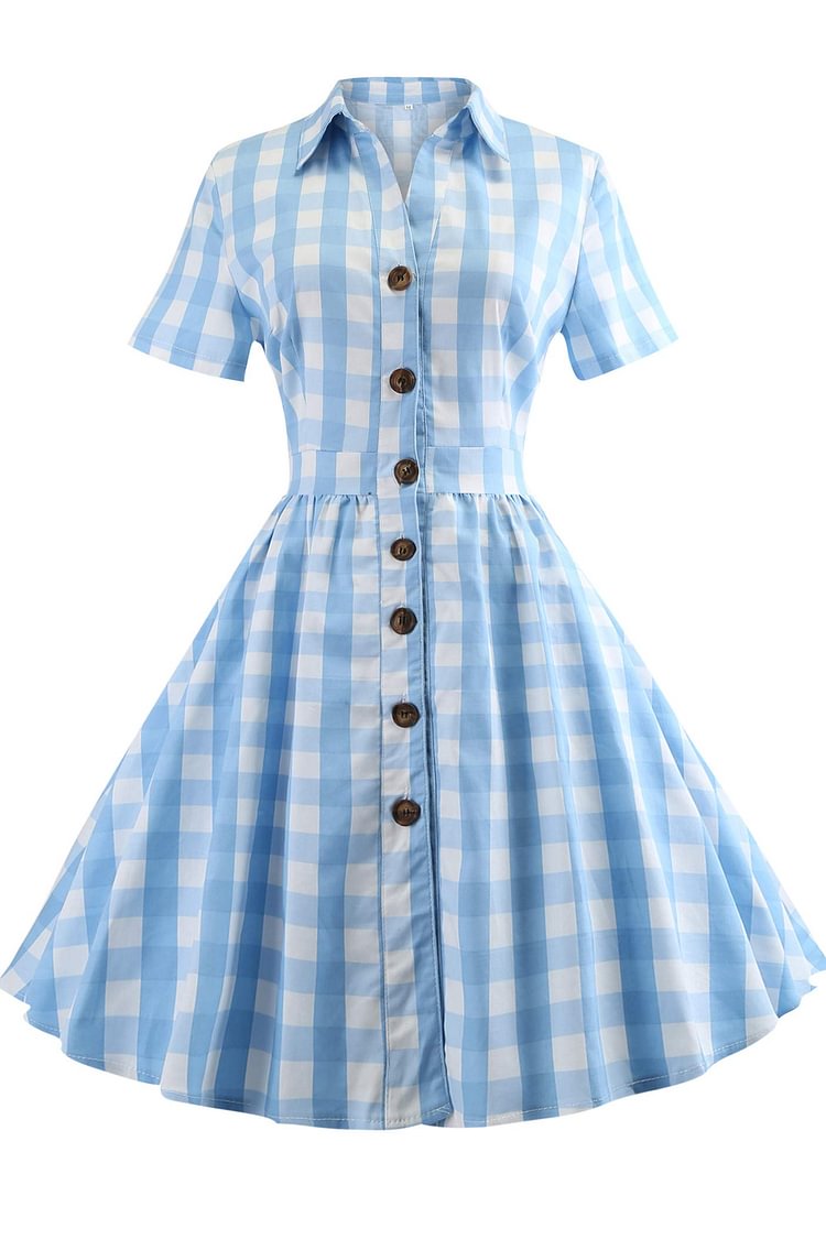 Light Sky Blue Plaid Buttoned Dress - Life is Beautiful for You - SheChoic