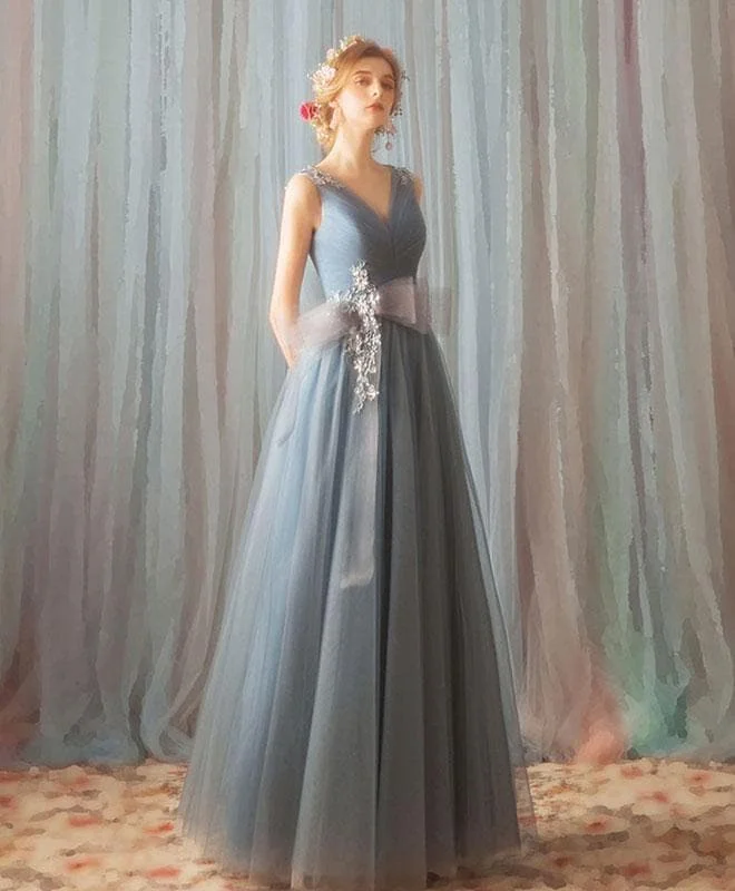 Blue V Neck Tulle Long Prom Dress, Blue Tulle Formal Dress