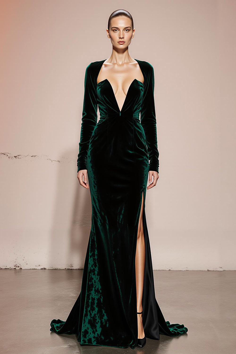 green velvet mermaid dress Dark Green Velvet Mermaid Dress, Low Back, Long Sleeve Wedding Gown