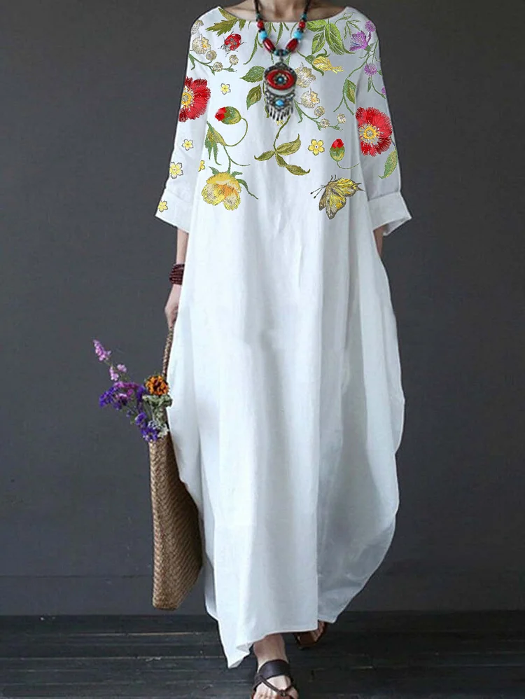 Ursime Women's Floral Print Loose Plus Size Dress