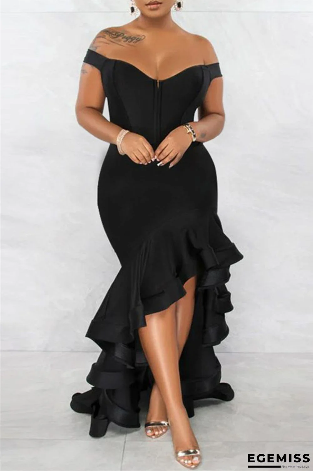 Black Fashion Sexy Formal Solid Patchwork Backless Off the Shoulder Evening Dress Dresses | EGEMISS