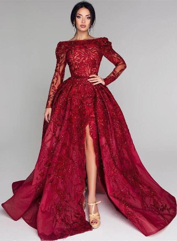 Bellasprom Burgundy Sequins Evening Dress With Slit Long Sleeves Bellasprom