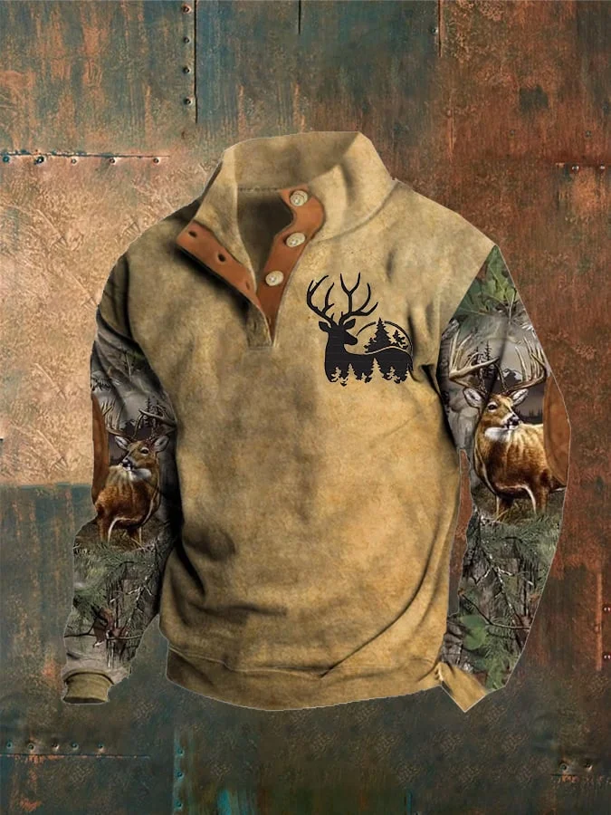 Men'S Deer Print Button Casual Sweatshirt