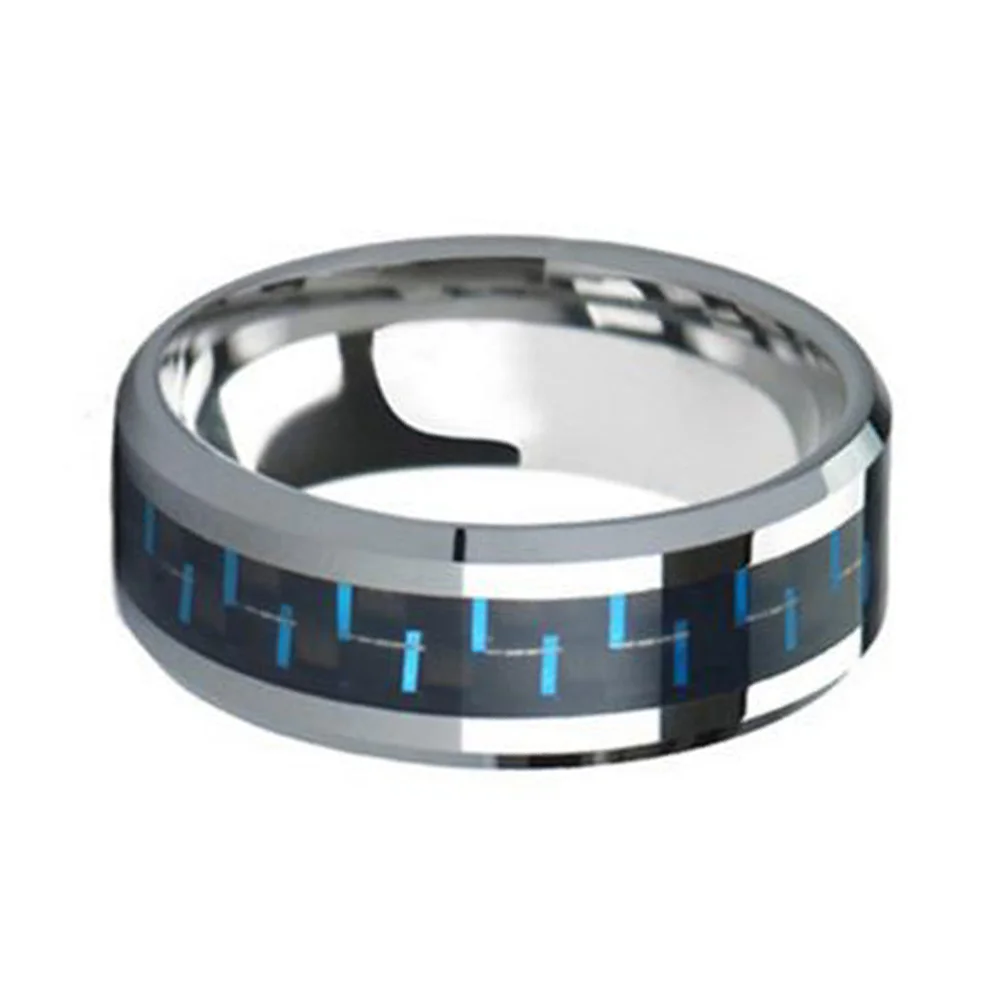 6MM 8MM Mens Blue Carbon Fiber Tungsten Ring Beveled Edge