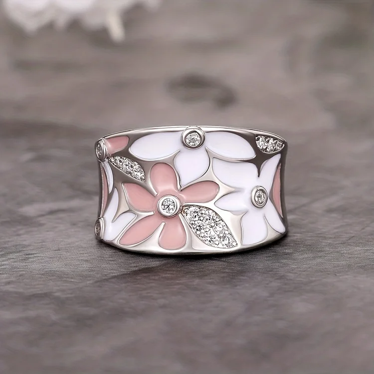 Silver Plated Zircon Pink Enamel Flower Ring For Women Daily Casual Wide Ring Jewelry