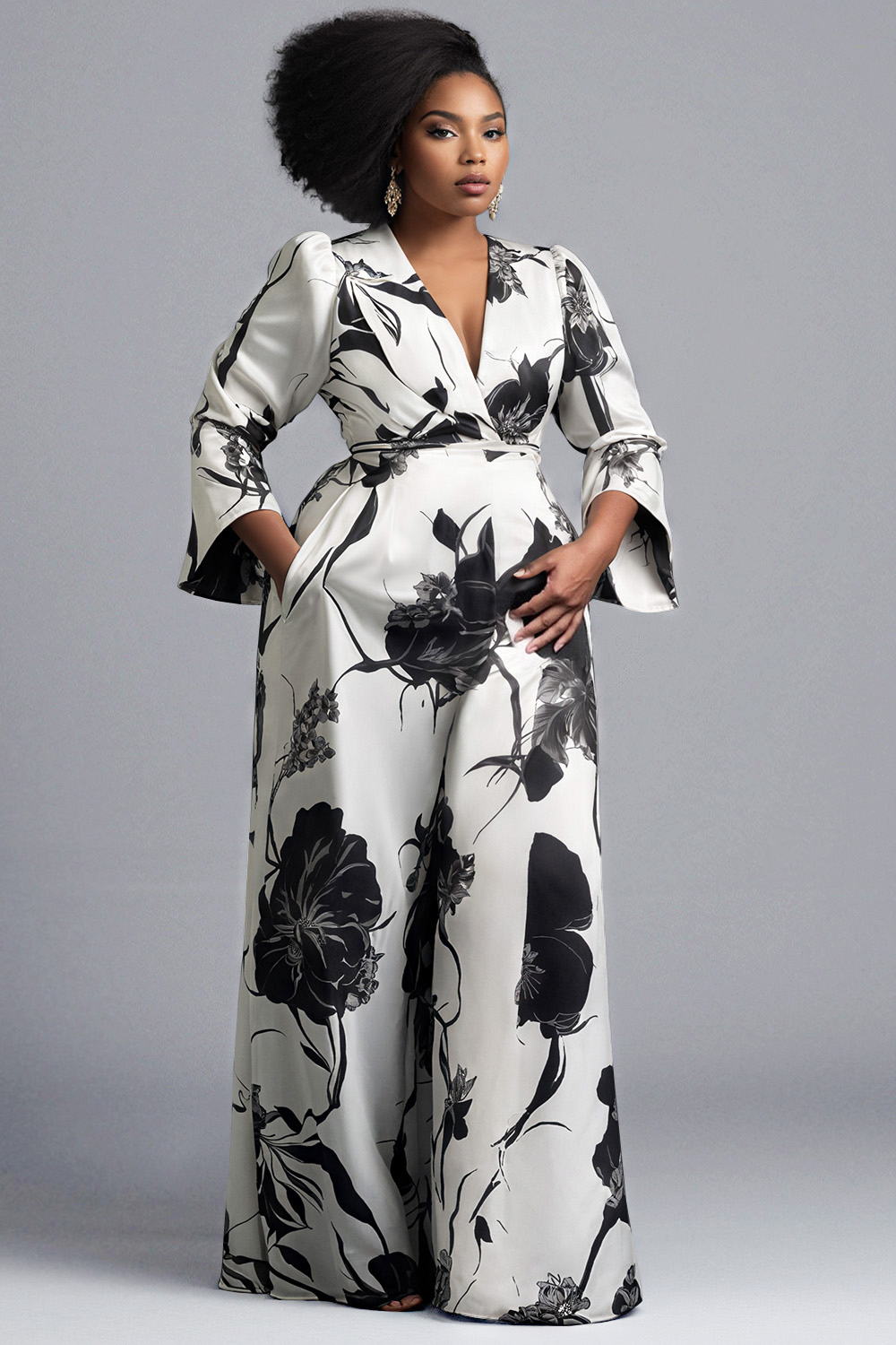 Black Tape Womens Plus Size Floral Print Smocked Waist Button Front Jumpsuit Charcoal Size 2x