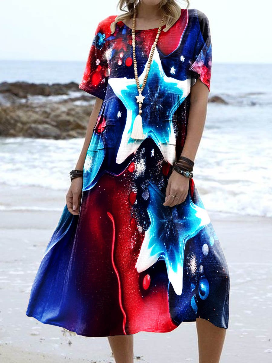 Women's Sunset At Sea Patriotic Independence Stars and Stripes Sparkle Embrace Patriotic Glitter Art Print Dress