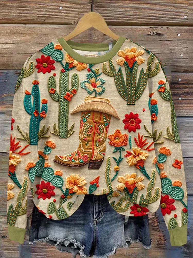 Vintage Western Embroidery Boots and Floral Art Printed Casual Sweatshirt