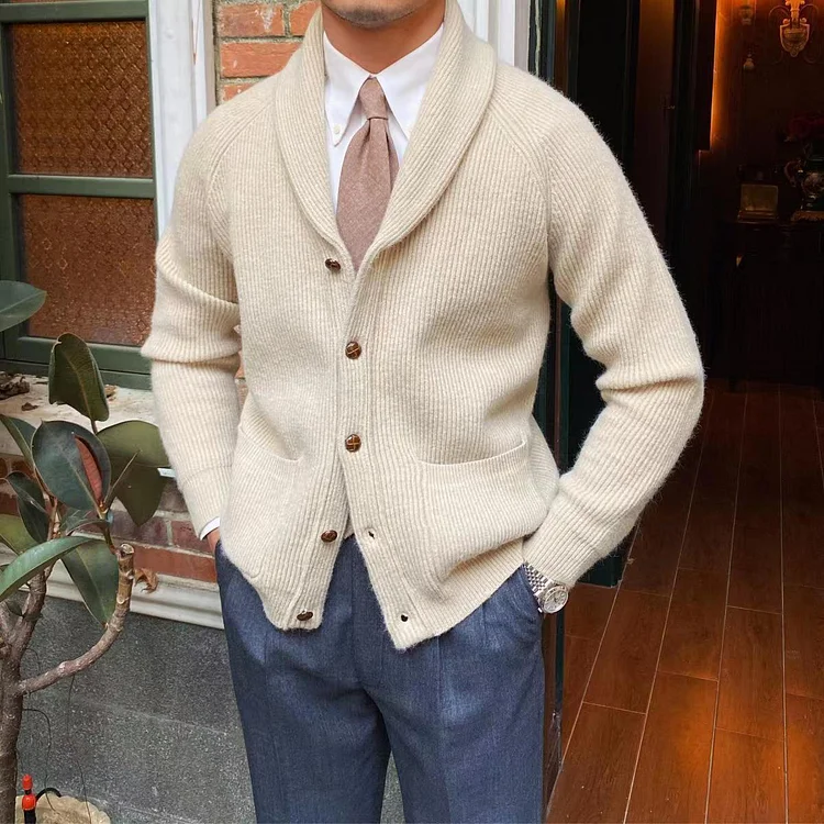 TIMSMEN British Thick Solid Color Knitted Cardigan Men's Italian Retro Warm and Versatile Trendy Jacket