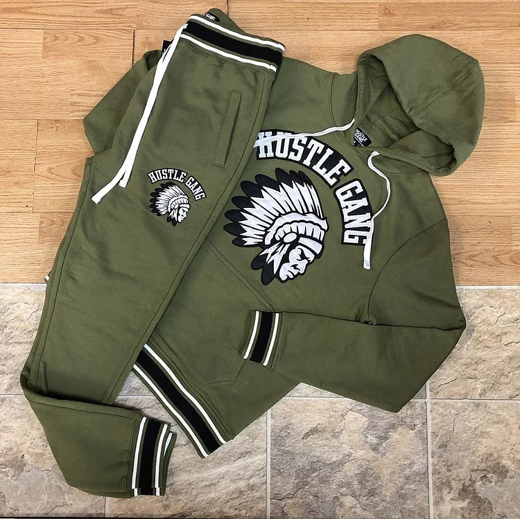 Fashionable olive green hustle gang printed hooded suit