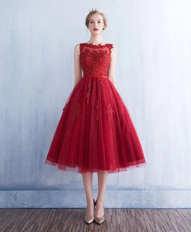 Burgundy Round Neck Tulle Lace Short Prom Dress, Bridesmaid Dress