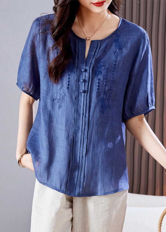 Beautiful blue striped linen clothes For Women v neck baggy summer top