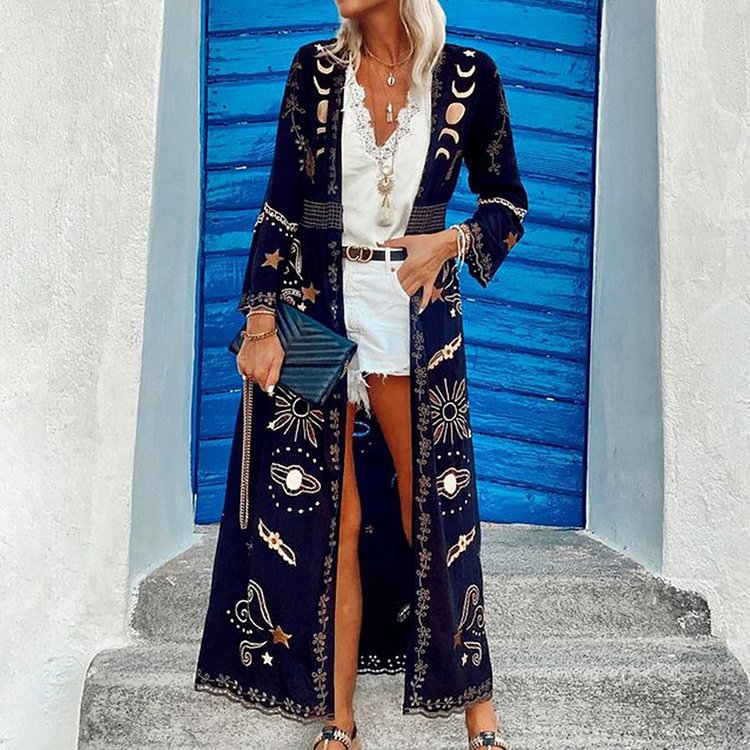 VChics Boho Moon Printed Long Sleeve Kimono Duster