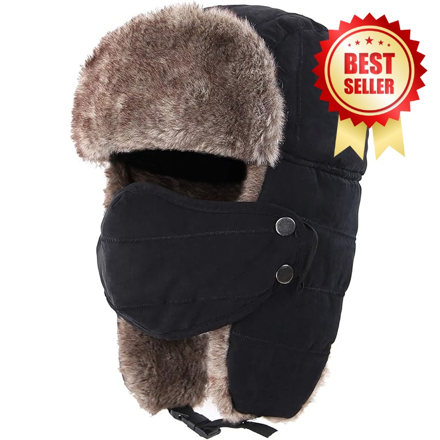 Home Prefer Men's Trooper Trapper Hat Warm Winter Hats with Removable Face Mask Earflaps Faux Fur Hunting Outdoor Hat