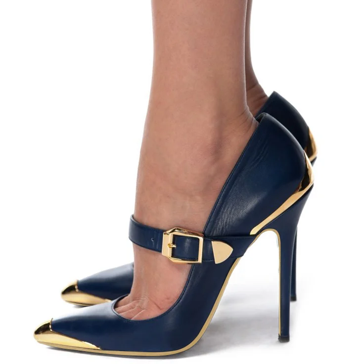 Navy & Gold Metal Pointed Toe Stiletto Heels Vintage Mary Jane Pumps |FSJ Shoes