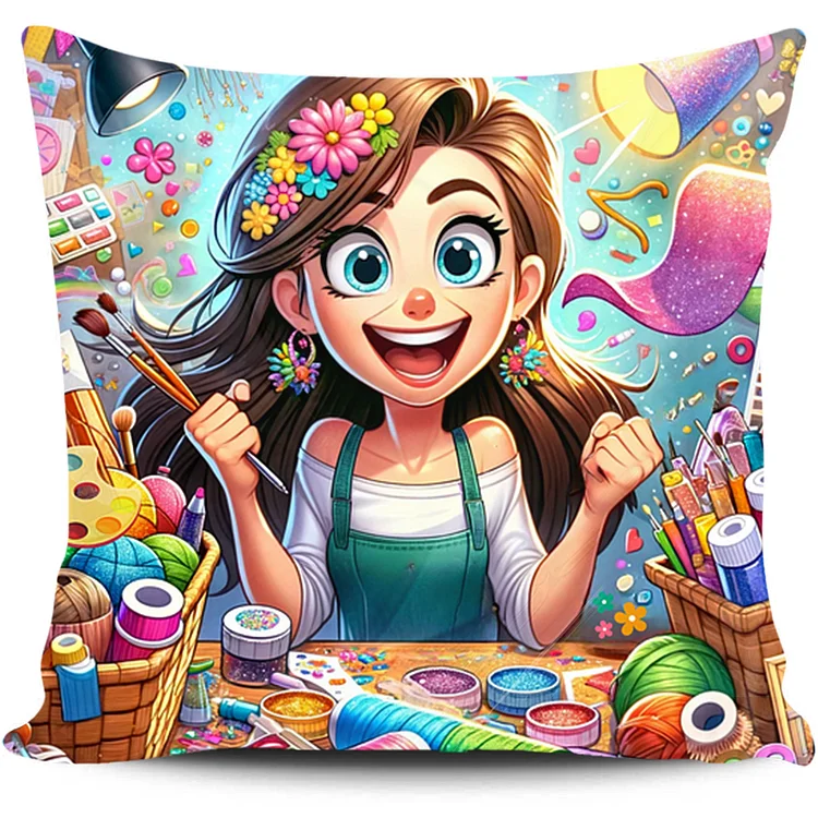 Cross Stitch Pillow - cartoon funny painter girl (45*45cm) gbfke