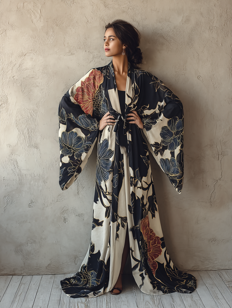 Women's Blue Peony Kimono Linen Robe (Including Belt)