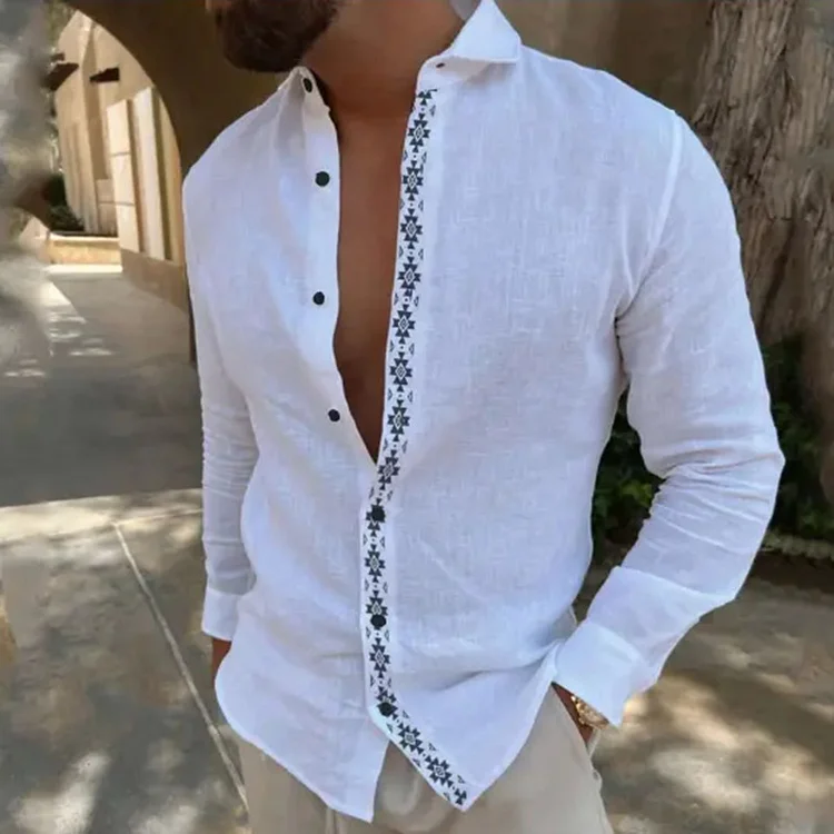 Men's Linen Geo Print Lapel Collar Single Breasted Long Sleeve Shirt