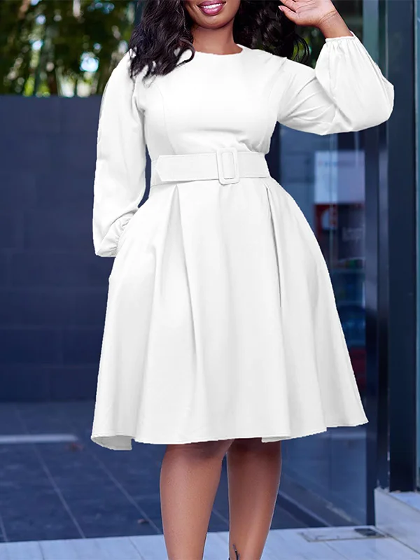 Belted Elasticity Solid Color High Waisted Long Sleeves Round-Neck Midi Dresses