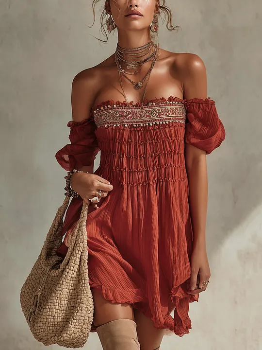 Vintage Red Chiffon Embroidered Dress
