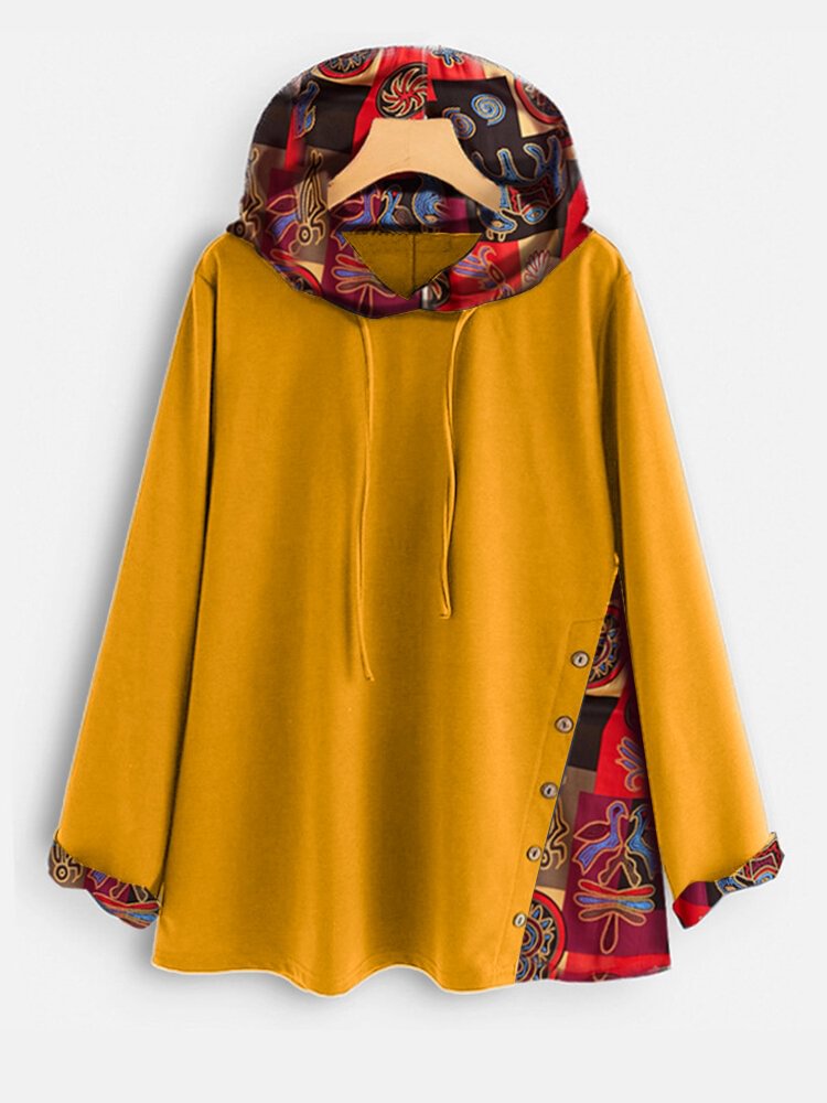 Vintage Patch Side Button Long Sleeve Overhead Hoodies - Life is Beautiful for You - SheChoic