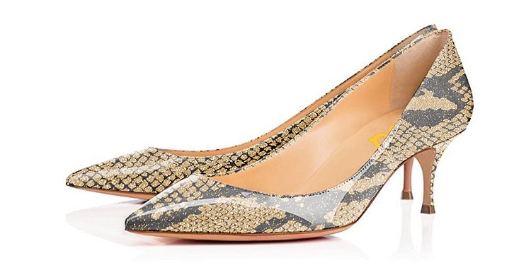 Khaki Snakeskin Kitten Heels Patent Leather Pointy Toe Pumps |FSJ Shoes