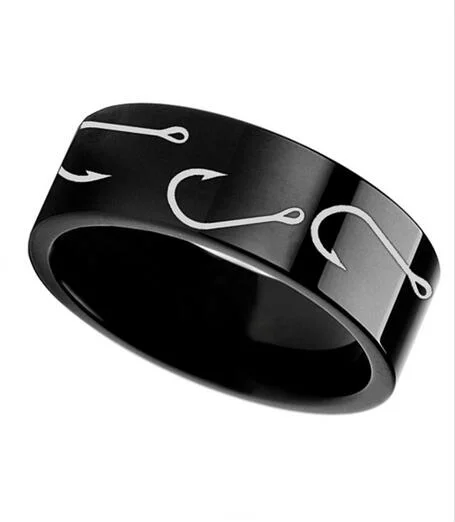 Black Silver Tungsten Wedding Bands With Black Laser Etched Fisherman Fishing Hooks Pattern Rings For Men Women
