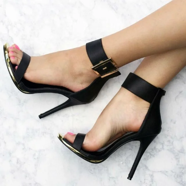 Black Satin Ankle Strap High Heels Open Toe Sexy Stilettos Sandals |FSJ Shoes