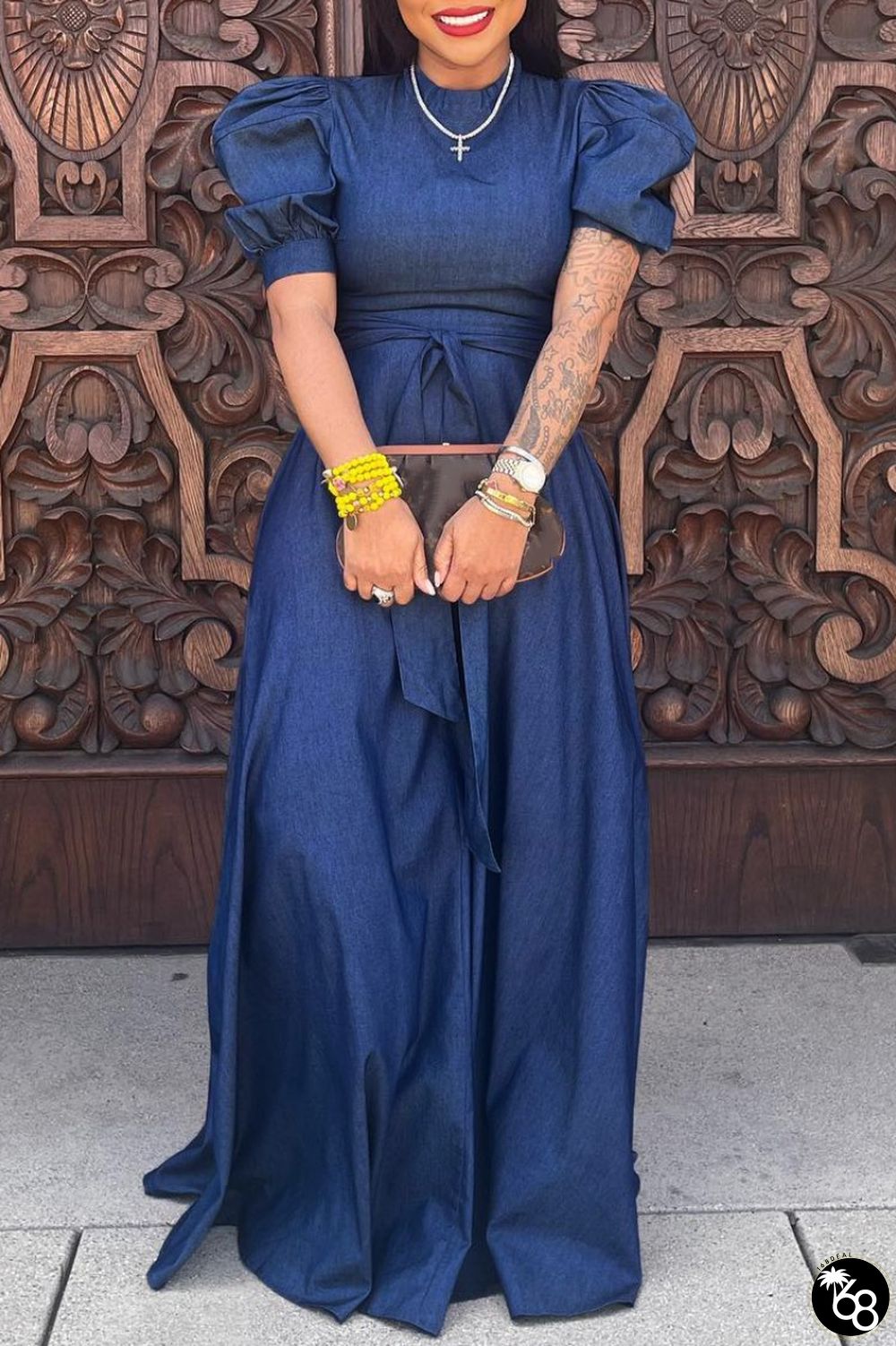 Navy Blue Casual Solid Patchwork O Neck Short Sleeve Dress Dresses | 168DEAL