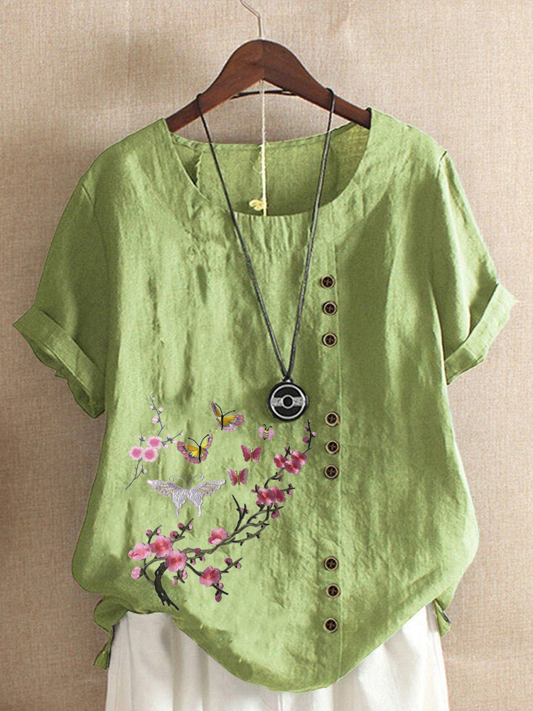 Trendy Casual Linen Crew Neck Print Loose Blouses & Shirts
