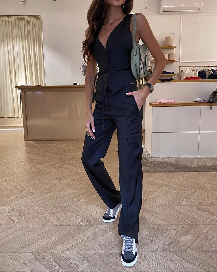 Sleeveless tie solid color two-piece suit