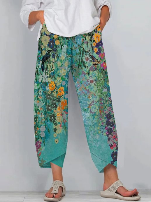 Comstylish Green Floral Art Cropped Casual Pants