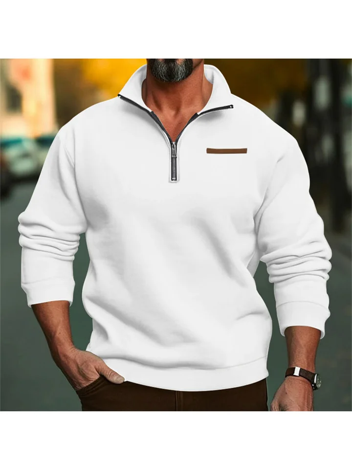 Men's Padded Half Zipper Stand-up Collar Lapel Pullover Head Solid Color Color Blocking Slim Casual Sweater Men's Clothing-Cosfine