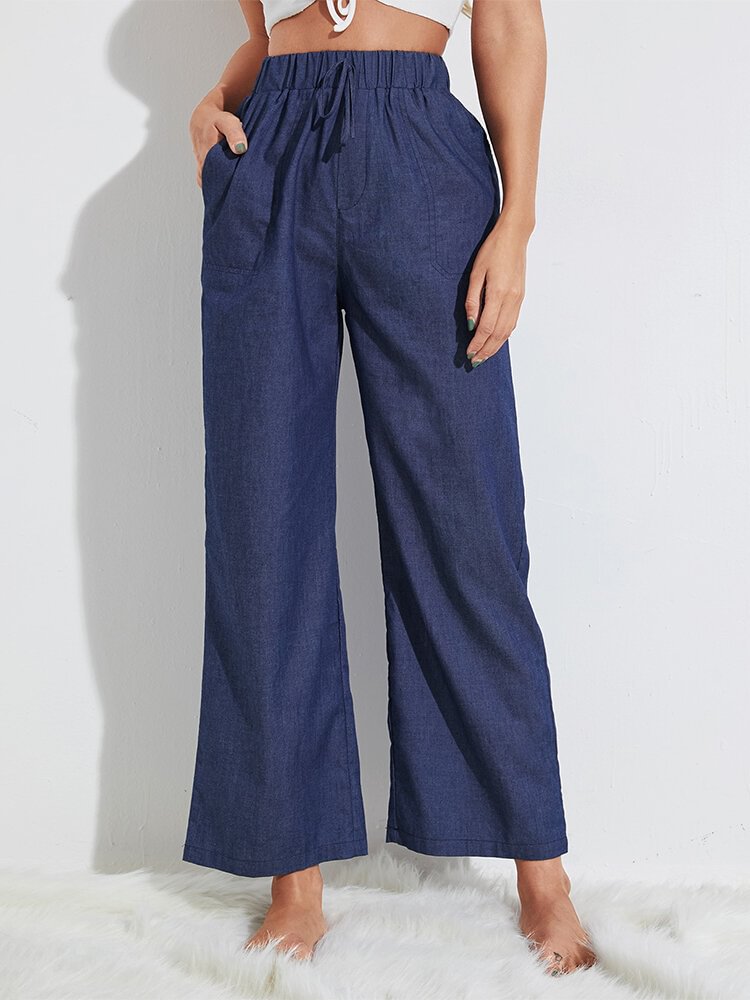 Solid Color Drawstring Pocket Elastic Waist Long Casual Pants for Women