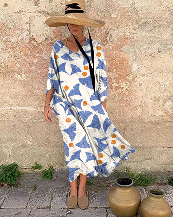 Holiday Ginkgo Leaf Print Loose Dress