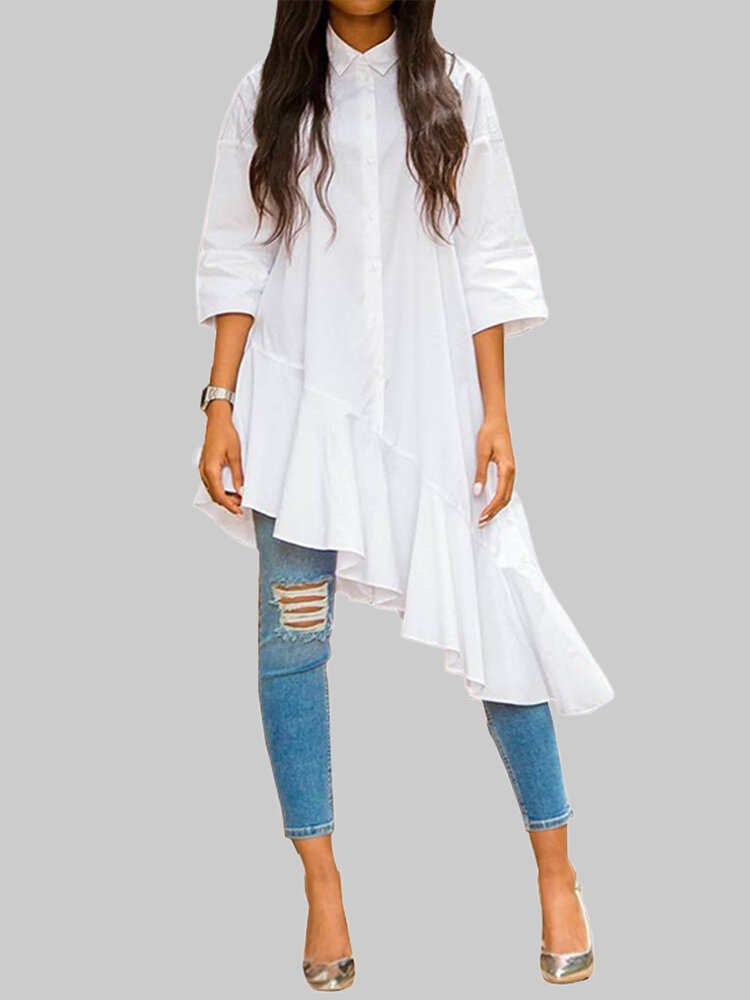 Solid Color 3/4 Sleeve Ruffle Irregular Blouse Long Shirt For Women P1754299