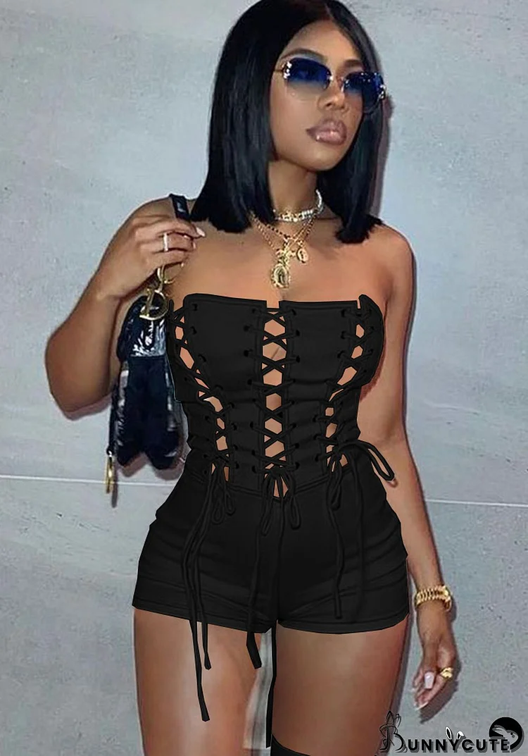 Women Summer Black Sexy Off-the-shoulder Sleeveless Solid Bandage Rompers