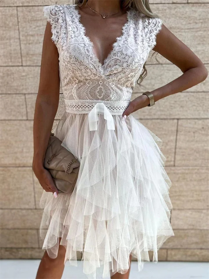 New Sexy V-neck Lace Stitching Dress Short Sleeve Fashion White Dresses-JRSEE
