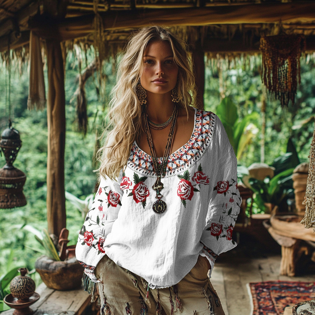 Linen-cotton Blend Bohemian-style Printed Long-sleeved Top - Helixace