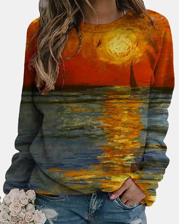 Abstract Long Sleeve Printed Cotton-blend Crew Neck Top